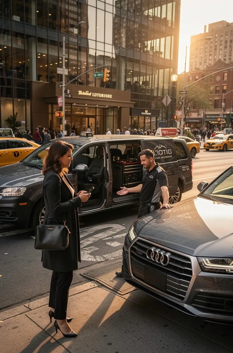 Professional auto mechanic performing detailed inspection on a luxury sedan in a modern New York City repair shop